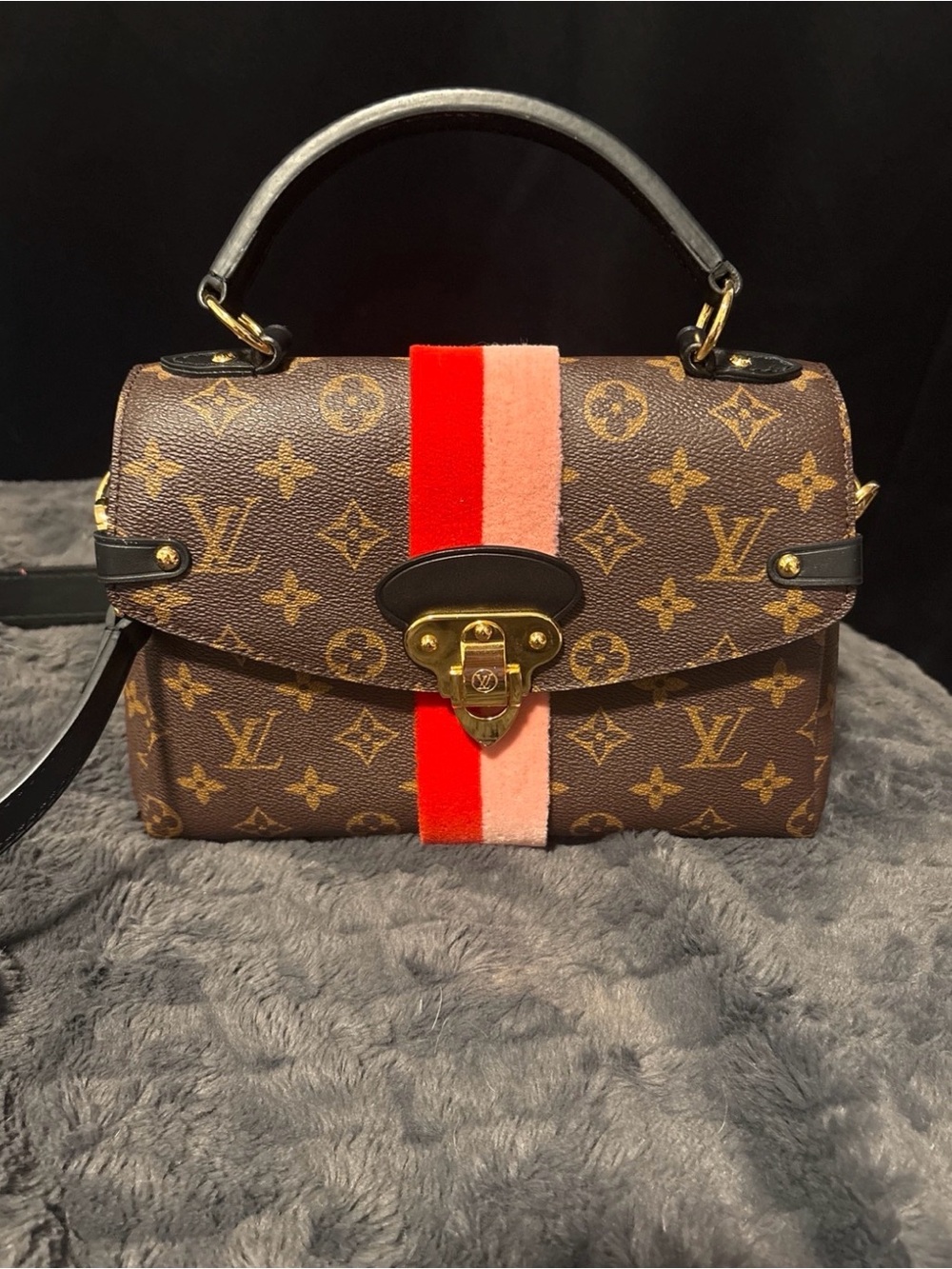 Louis Vuitton Brown Monogram Satchel with Red and Pink Center Stripe